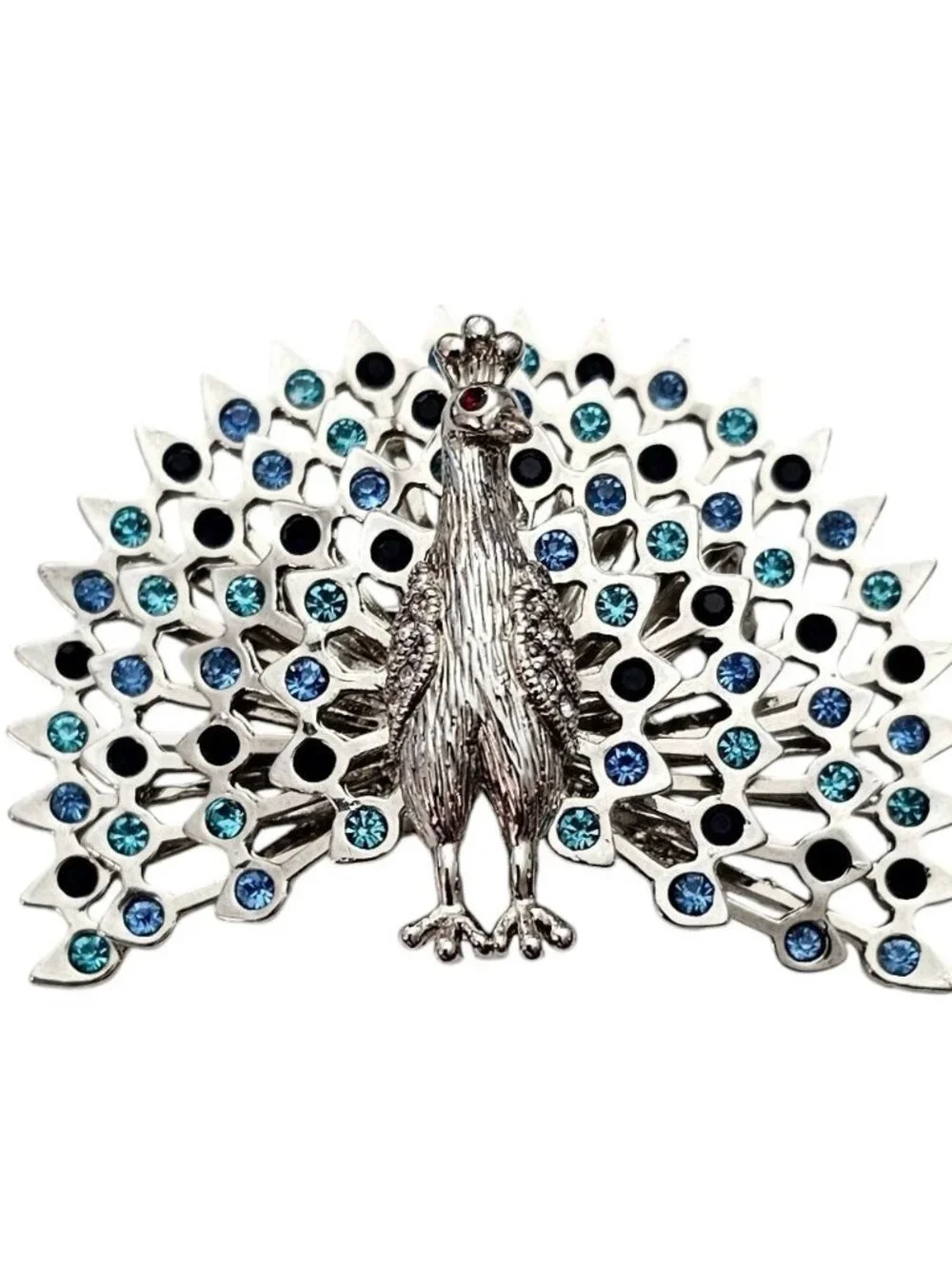 Peacock Brooch Blue Teal, Black Rhinestone Pin L574